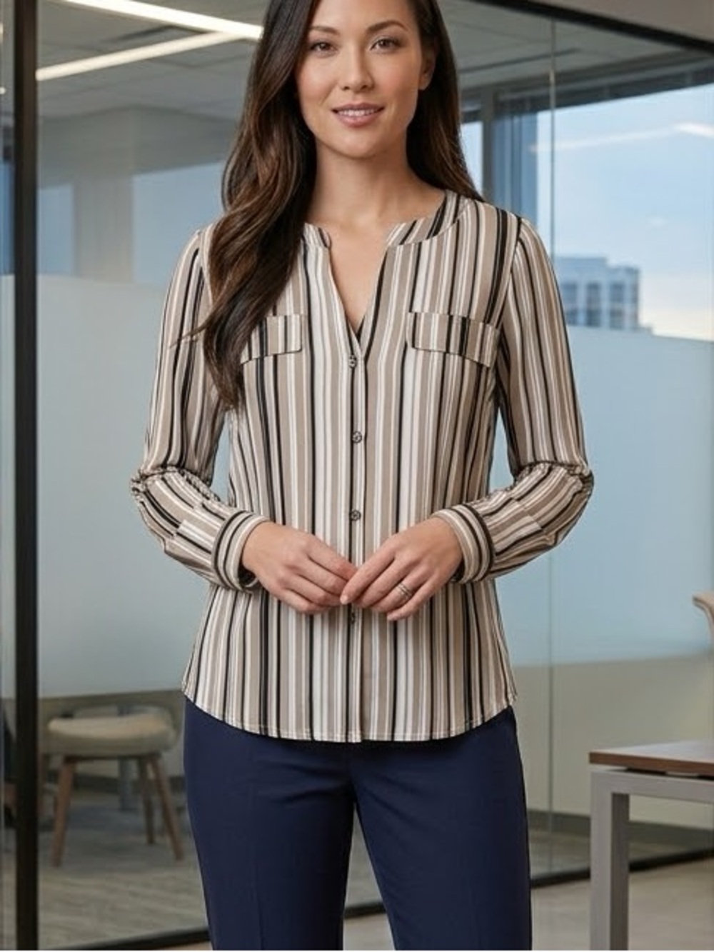 Adrienne Vittadini Striped Button-Front Shirt in Beige, Black & White